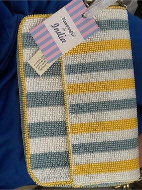 Viral Beaded Bag - Striped Clutch - Yellow, White & Light Blue